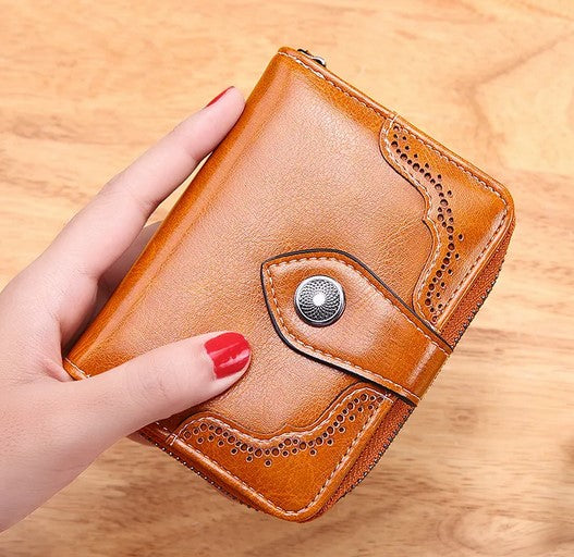 Portefeuille à fermeture éclair en cuir ciré rétro pour femme