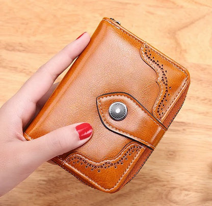 Portefeuille à fermeture éclair en cuir ciré rétro pour femme